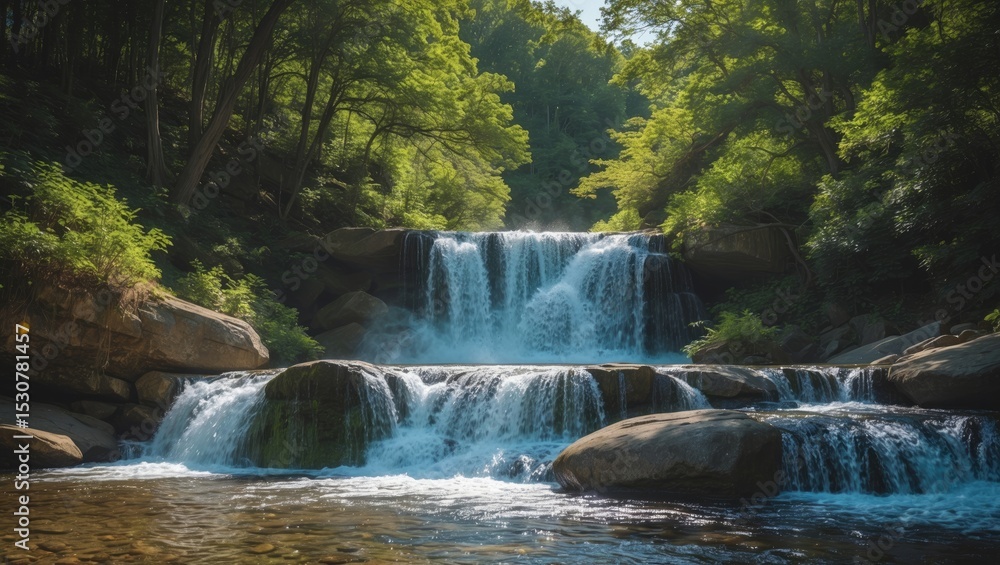 Fototapeta premium Flowing Mountain Stream Cascading Over Rocks Within a Verdant Forest Environment
