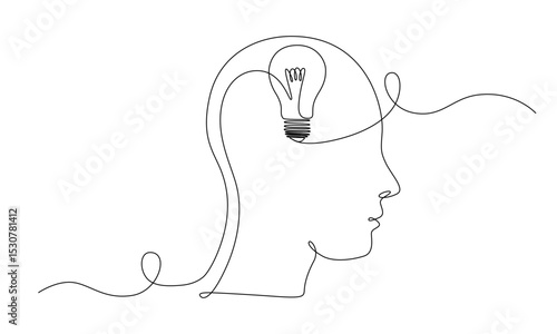 One line drawing of head with light bulb for logo, emblem, web banner, presentation. Creative idea and simple imagination concept.