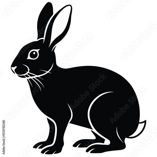 Standing black silhouette rabbit with long ears looking to the left carefully