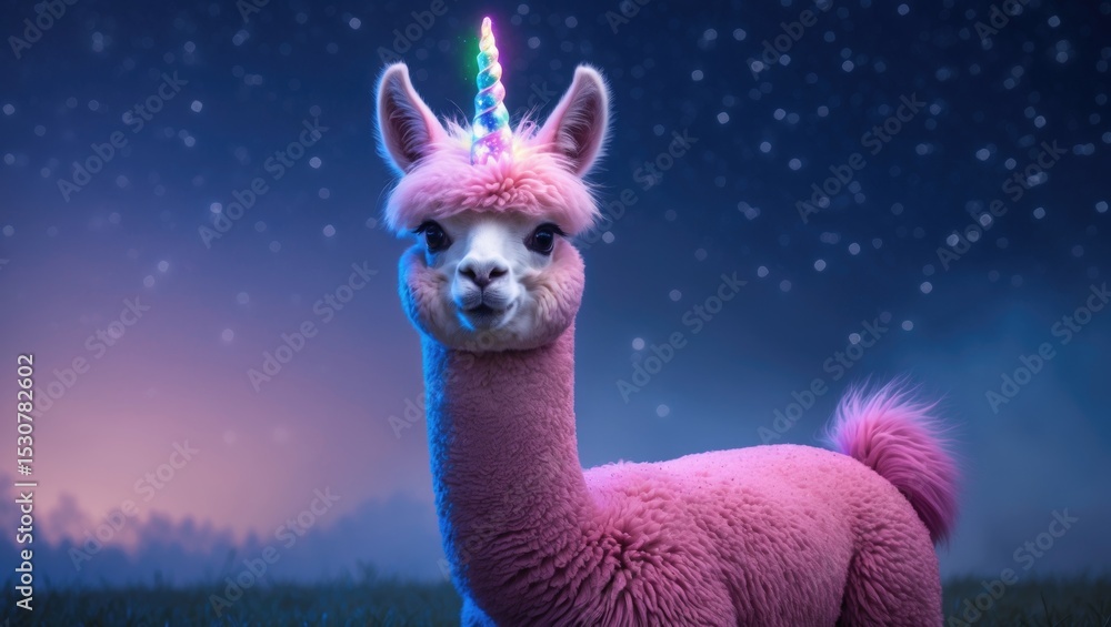 Fototapeta premium Cartoonish pink alpaca with a unicorn horn positioned alone against a starry background.