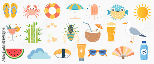 夏と海のためのモダンなベクターイラスト、装飾、装飾、夏休み、水彩画風、波