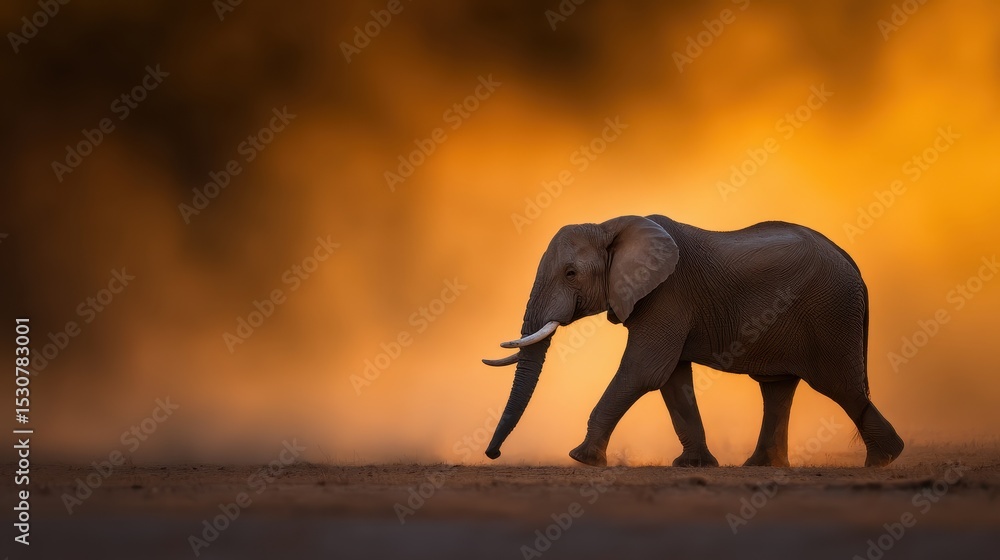Obraz premium A solitary elephant walks gracefully across a dusty landscape at sunset, with warm hues in the background
