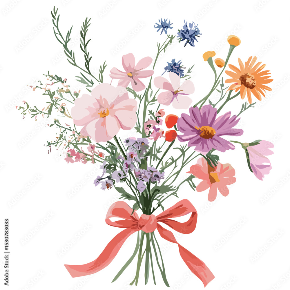 Fototapeta premium Wildflowers bouquet colorful hand drawn, wedding invitation card, greeting card design, vector illustration, floral art, spring bloom, nature bouquet, rustic wedding theme.