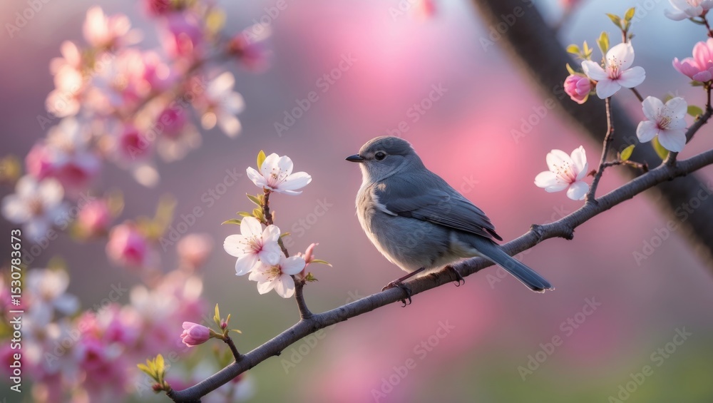 Fototapeta premium A brown-eared bulbul sits on a tree branch amidst delicate plum blossoms of gentle white and pink shades, illuminated by the soft sunlight of late afternoon.