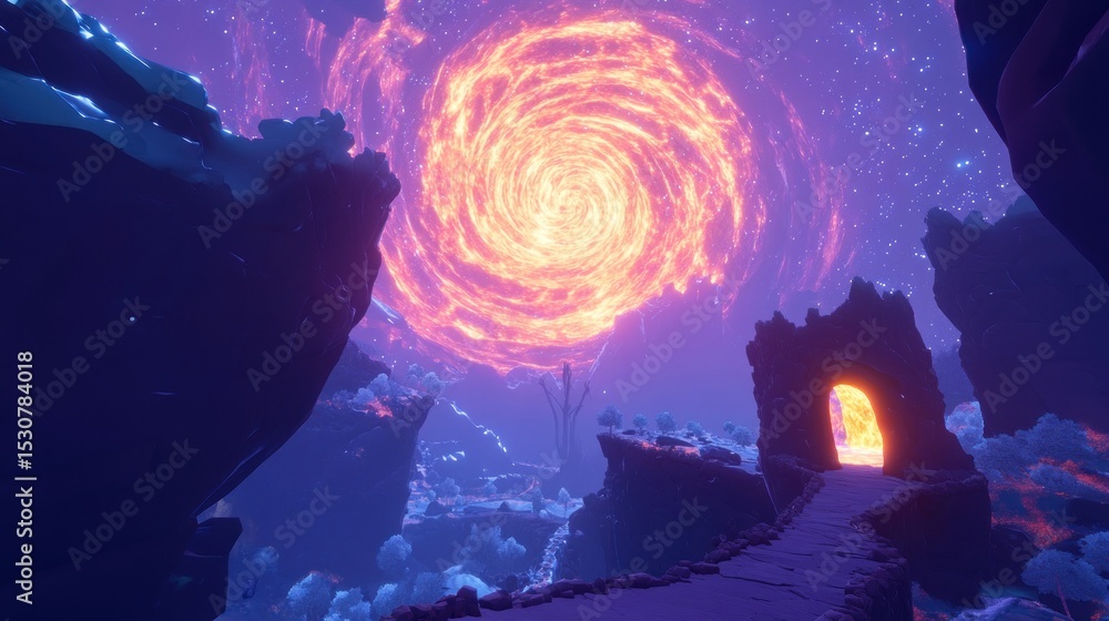 Fototapeta premium Whirlpool vortex in a fantasy landscape. Purple, pink, orange colors