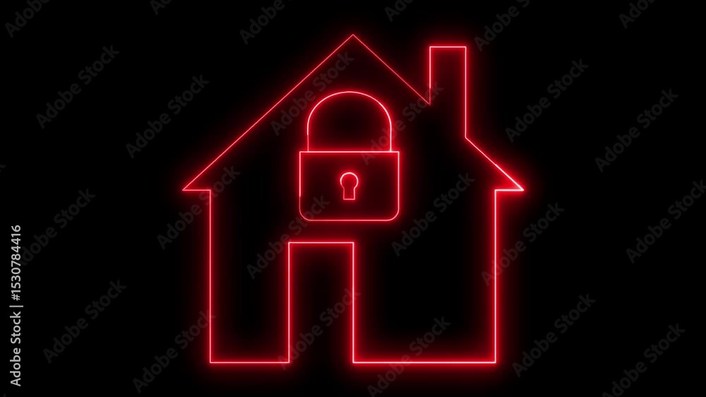 Home security icon animation glowing neon red color home lock house encryption sign symbol on black background Home security icon animation glowing neon red color home lock house encryption sign symbol on black background