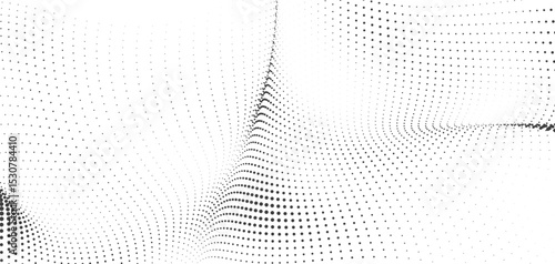 Curved halftone mesh design with wave distortion and spacing dots in high contrast ideal for abstract digital backgrounds vector templates or motion overlays