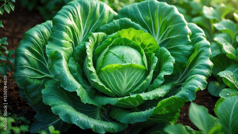 Obraz premium Cabbage plants appear fresh in the morning.
