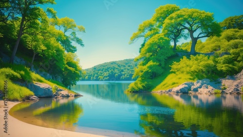 Bright green island beach on Lake Ouachita, with crystal-clear waters surrounding the lush island, providing a tranquil and tropical retreat in Arkansas.