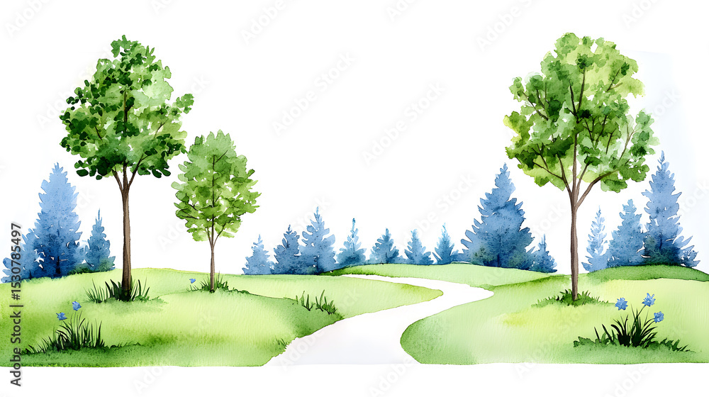 Obraz premium Watercolor Landscape Illustration with Trees and Path