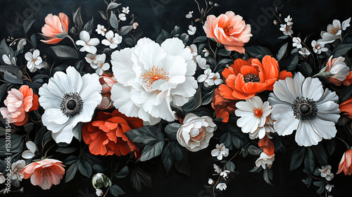 A stunning painting featuring white and orange blooms against a monochromatic backdrop of black and white, with delicate pink and white flowers anchoring the scene in the foreground