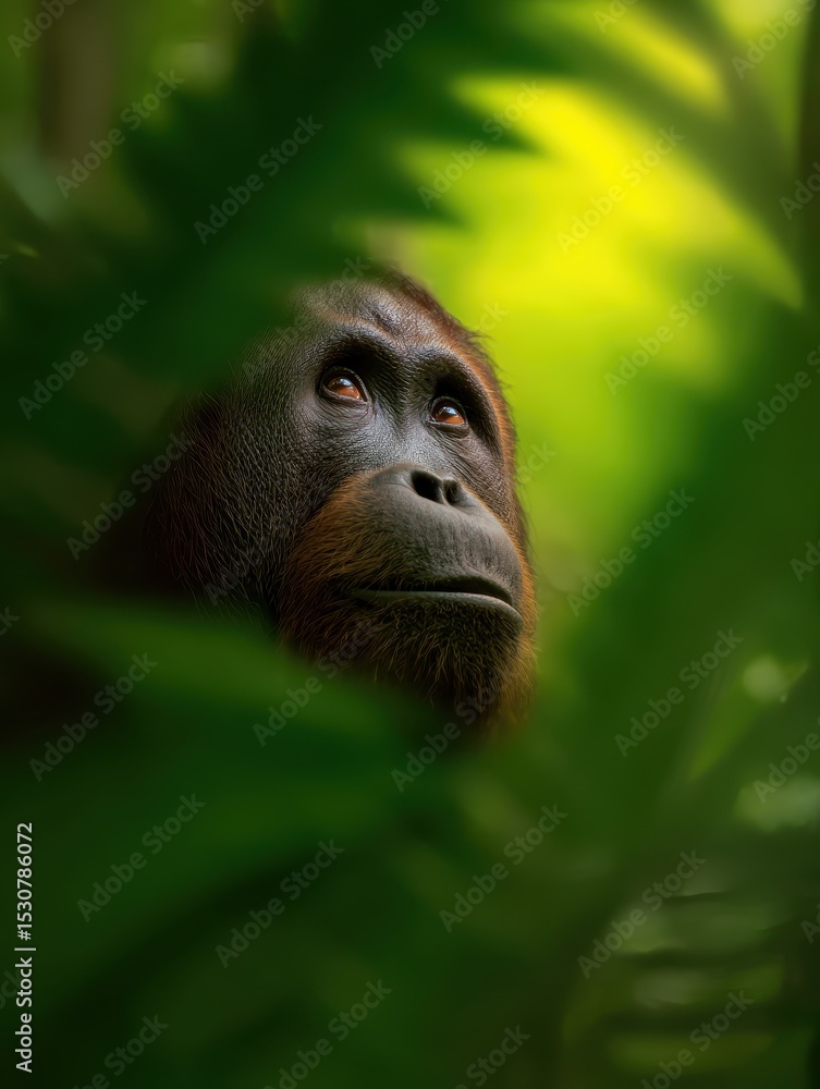 Fototapeta premium Majestic orangutan gazing thoughtfully through lush green foliage in a vibrant rainforest