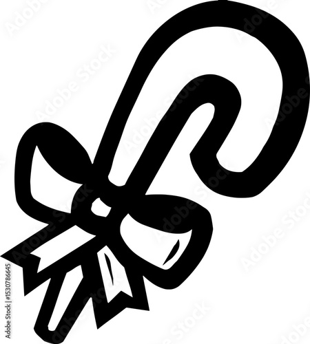 Black and white outline of a candy cane with a bow, traditional Christmas treat used in holiday decorations; ideal vector for festive designs.