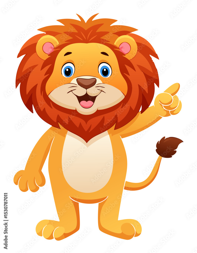 Obraz premium Cute Cartoon Lion Pointing – Friendly Jungle Animal Vector Illustration