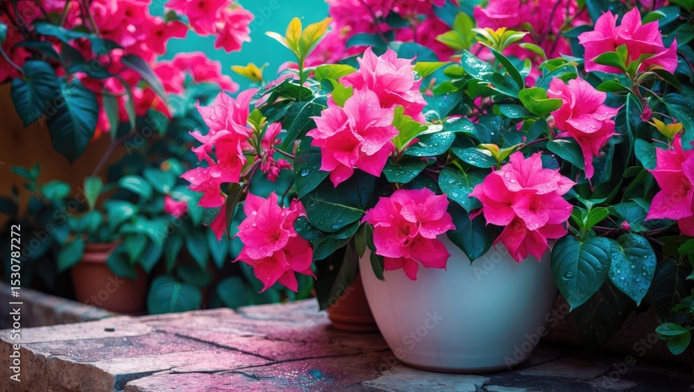 Bougainvillea plant flourishing in a white pot. This plant features vibrant pink flowers that stand out against the dark green leaves and a colorful background. Bougainvillea plant flourishing in a white pot. This plant features vibrant pink flowers that stand out against the dark green leaves and a colorful background.