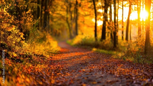 Serene autumn pathway illuminated by golden sunlight filtering through trees