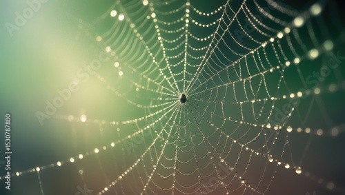 Close-up of dew on a spider's web during the early morning hours.