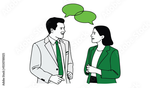 Professional business communication: Man and woman engaged in dialogue with speech bubbles for discussion and ideas.


