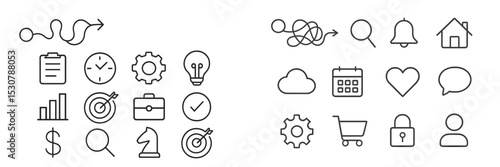 Collection of simple line icons to illustrate various concepts related to business and organization
