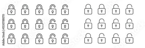 Variety of lock designs featuring open and closed padlocks arranged in two distinct sections