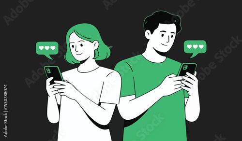 Youth communicating on smartphones: Modern illustration depicting online messaging and digital interaction with text bubbles.


