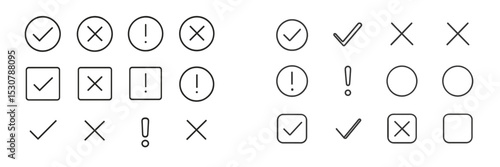 Various symbols representing approval, disapproval, and alerts in a minimalist design displayed on a white background