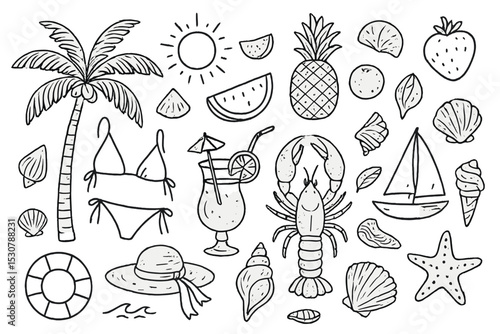 Summer beach elements with sun, fruits, drinks, and sea creatures captured in a fun doodle style illustration