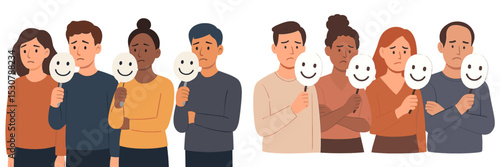 Group of people expressing feelings of sadness while holding smiley face masks in a somber setting