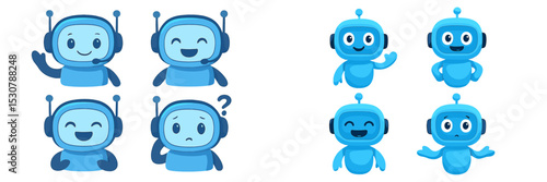 Friendly blue robot characters showing various emotions and expressions in a cheerful design