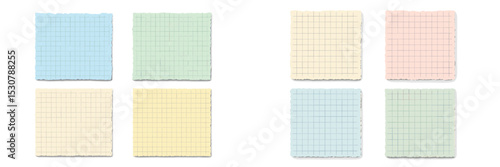 Grid patterned paper squares in pastel colors arranged in two groups on a light background