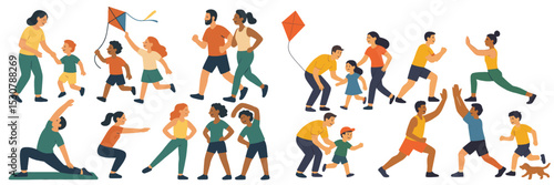 Families enjoying outdoor activities together during a sunny day in a park, engaging in running, flying kites, and stretching