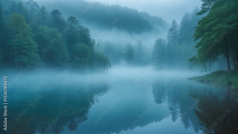 Fototapeta premium Blue mist or fog over a lake, shoreline with a forest of green trees - Wolf Lake Park