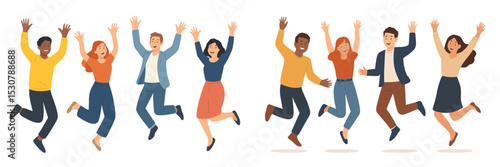 Group of happy people jumping in celebration outdoors during daytime, showcasing joy and connection among friends