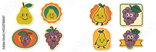 Colorful fruit characters featuring pears and grapes, designed in a playful style for children?s decor