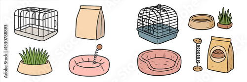 Pet accessories collection showcases various items for small animals including cages, food bowls, and bedding options