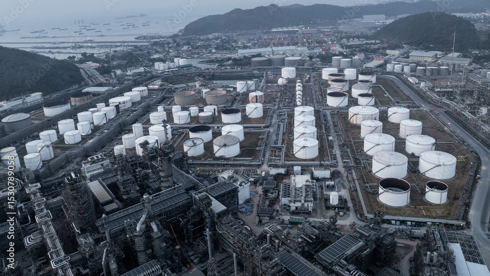 Fototapeta premium Aerial view oil and gas storage tank, oil refinery factory plant form industry zone, Oil refinery petrochemical plant factory, Business oil and gas industrial factory power energy,