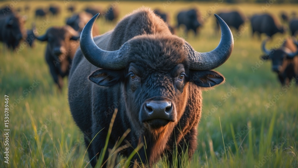 Naklejka premium Close-up image of a large male Buffalo with horns, standing in a grass meadow during the early morning light.