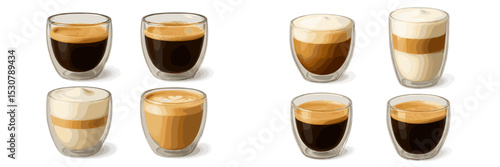Coffee variety served in double-walled glass cups at a cozy cafe during a sunny afternoon