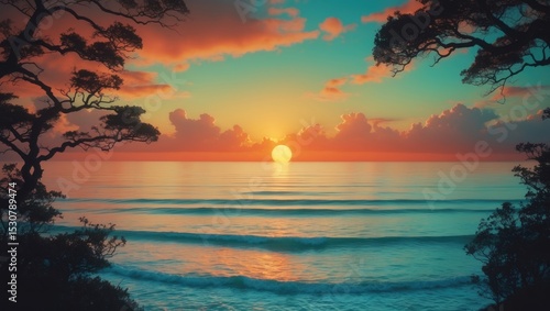 Fototapeta Naklejka Na Ścianę i Meble -  Chasing sunsets as the beach converges with the horizon.