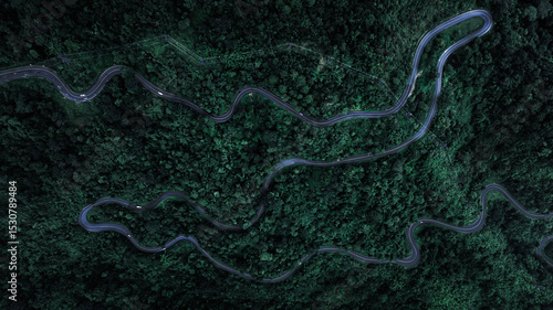 Tableau sur toile aerial top view beautifull curve road on green forest in the rain season backgro