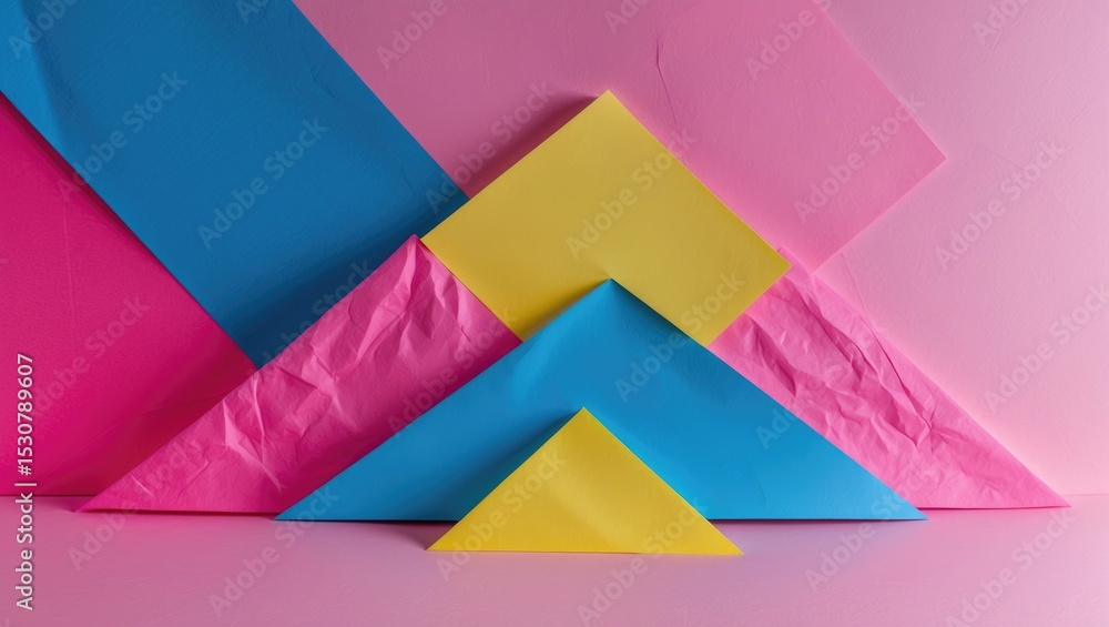 Obraz premium Blue, pink, and yellow three-tone color paper background with stripes. Contemporary hipster futuristic abstract background. Texture design.
