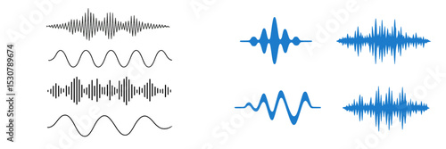 Different styles of sound waves represented visually in black and blue designs, showcasing various frequencies and amplitudes in a clear layout