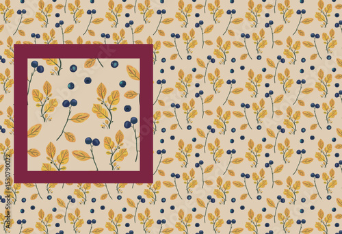 Autumn leafy seamless wallpaper. Yellow leaves and blue berries beige light pattern in provence natural forest style