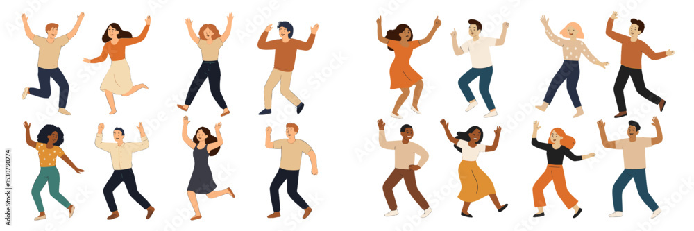 Joyful dancers expressing happiness during a celebration in a vibrant setting with diverse participants Joyful dancers expressing happiness during a celebration in a vibrant setting with diverse participants