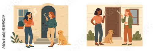Two women enjoying a casual conversation outside their homes with dogs during a sunny afternoon