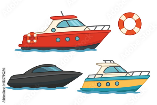Colorful cartoon boats sailing on a calm water with a life buoy floating nearby