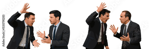 Men arguing in business suits during a heated discussion in a neutral setting