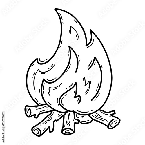 Vector linear hand drawn icon of a campfire with burning logs in doodle style.