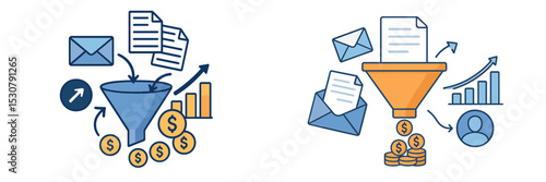 Visual representation of marketing funnel with financial growth and document management