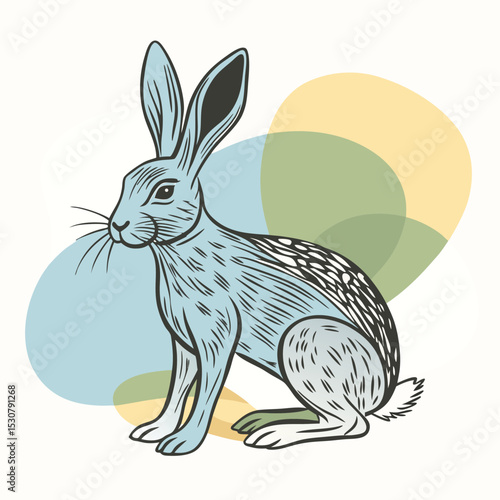 Hare sits patiently among soft pastel shapes in this endearing illustration